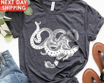Octopus Black Japanese Shirt, Gyotaku Traditional Art, Octopus Arts Shirt, Yoga Martial Art, Samurai Printed Tee, Japan Anime Manga Tee