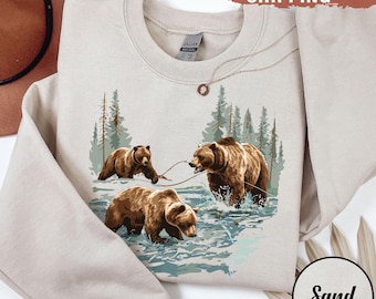 Retro Grizzly Bears Wilderness Scene Sweatshirt, Nineties 90s Vintage Bear Outfit, Camping Sweatshirt, Boho Unisex Crewneck Sweatshirt