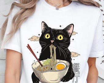 Ramen Cat T-Shirt, Cat Lover Gift, Anime Cat T-Shirt, Japanese Shirt, Cat T-shirt, Kawaii Shirt, Foodies Shirt, Ramen Lover Shirt, Kitty Tee