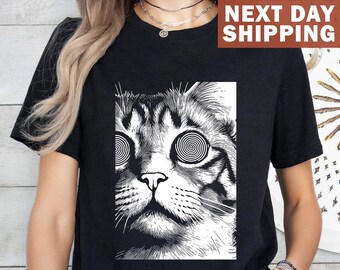 Maglietta con gatto psichedelico, maglietta gotica, maglietta con gatto Weirdcore, maglietta alla moda con estetica dark, maglietta grunge punk, regalo per amanti dei gatti retrò