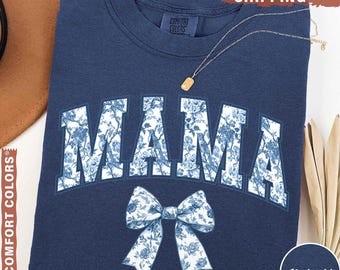 Comfort Colors® Mama Shirt, Blue Ribbon Shirt, Mothers Day Gift, Girly Aesthetic Gift For Mom, Cute Mom Shirt, Bow Shirt, Chinoiserie Shirt