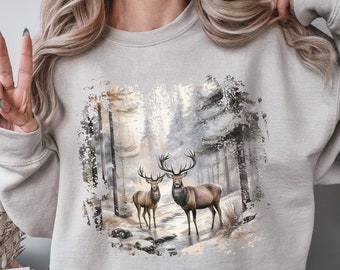 Retro Deer Wilderness Scene Sweatshirt, Nineties Vintage Buck And Doe Deer Outfit, Boho Hunting Crewneck, Unisex Deer Sweater, Hunting Gift