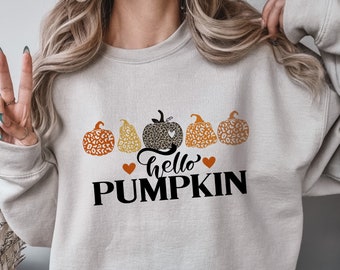 Hello Pumpkin Sweatshirt, Cute Fall Halloween Sweater for Women, Thanksgiving Gift, Halloween Pumpkin Shirt, Fall Gifts, Autumn Sweatshirt