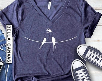 Bird V-Neck Shirt, Bird Lover Shirt, Birds On Wire Shirt, Gift For Bird Lover, Birds T-Shirt, Natural Lover Shirt, Gift For Mom, Woman Shirt