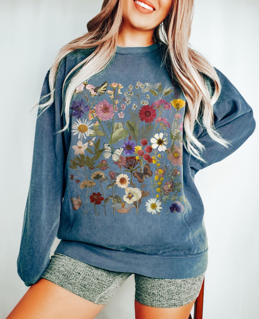 Vintage Flowers Print Casual Cotton Sweatshirt