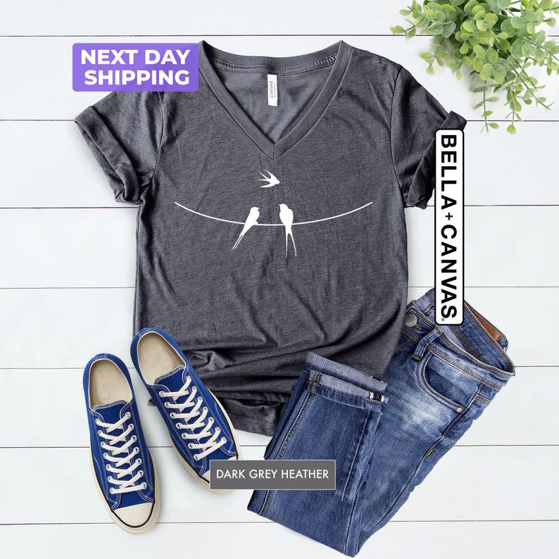 Bird V-Neck Shirt, Bird Lover Shirt, Birds On Wire Shirt, Gift For Bird Lover, Birds T-Shirt, Natural Lover Shirt, Gift For Mom, Woman Shirt image 2