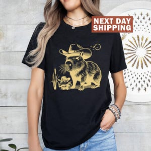 Funny Capybara T-shirt, Capybara Shirt for Women, Western Mouse Shirt, Rodent T-shirt, Cowboy Rat Shirts, Vintage Western Theme Graphic Tee image 2