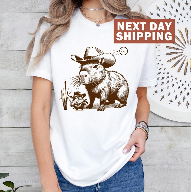 Funny Capybara T-shirt, Capybara Shirt for Women, Western Mouse Shirt, Rodent T-shirt, Cowboy Rat Shirts, Vintage Western Theme Graphic Tee image 3