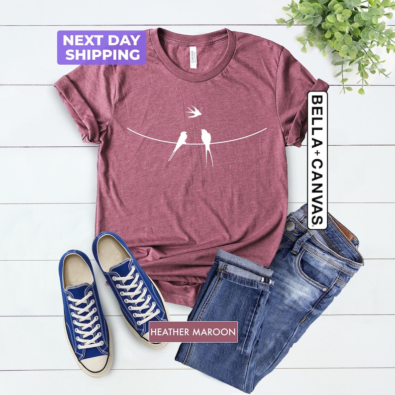 Bird V-Neck Shirt, Bird Lover Shirt, Birds On Wire Shirt, Gift For Bird Lover, Birds T-Shirt, Natural Lover Shirt, Gift For Mom, Woman Shirt image 3