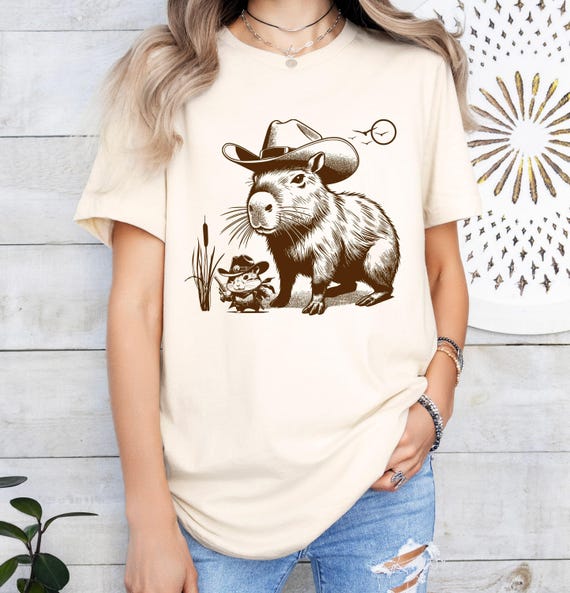 Funny Capybara T-shirt, Capybara Shirt for Women, Western Mouse Shirt, Rodent T-shirt, Cowboy Rat Shirts, Vintage Western Theme Graphic Tee