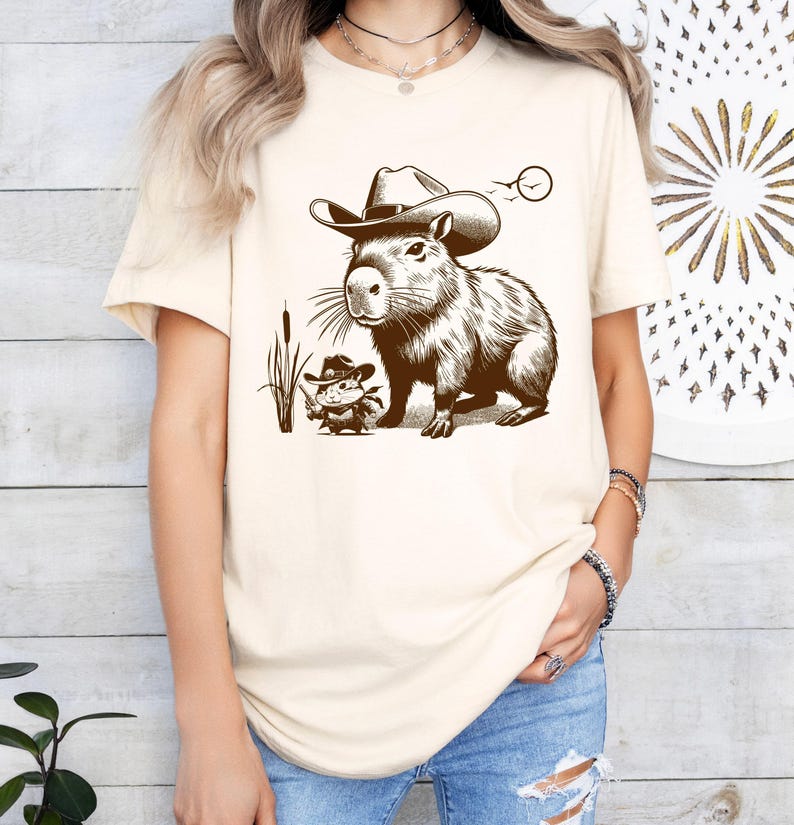 Funny Capybara T-shirt, Capybara Shirt for Women, Western Mouse Shirt, Rodent T-shirt, Cowboy Rat Shirts, Vintage Western Theme Graphic Tee image 1