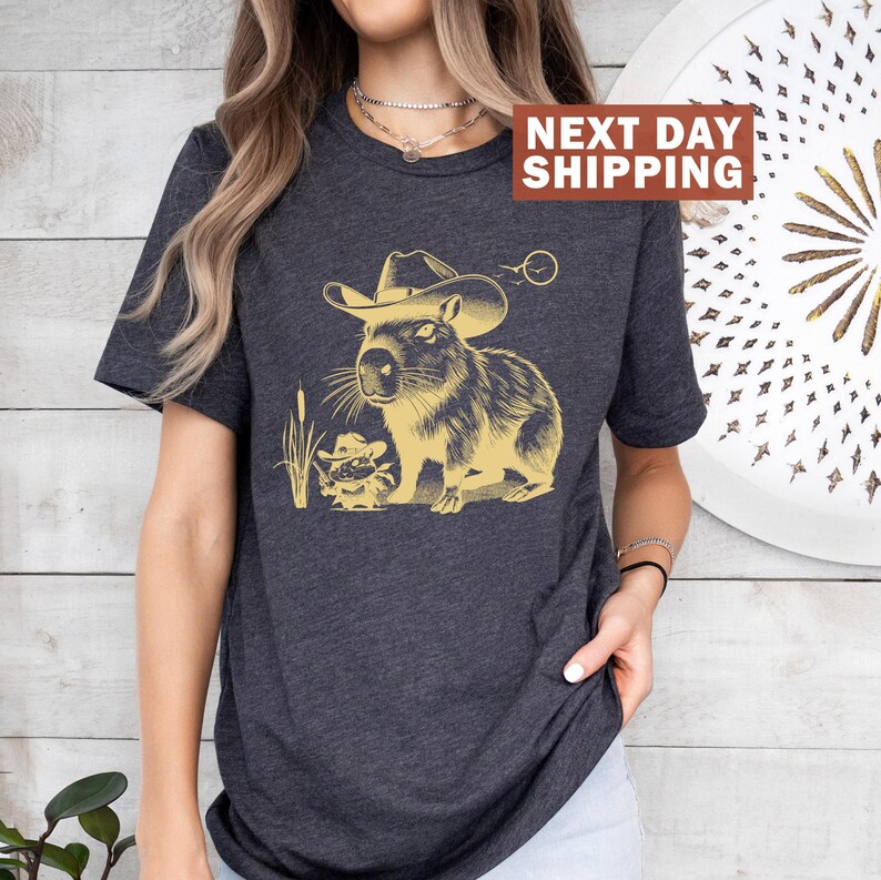 Funny Capybara T-shirt, Capybara Shirt for Women, Western Mouse Shirt, Rodent T-shirt, Cowboy Rat Shirts, Vintage Western Theme Graphic Tee image 4