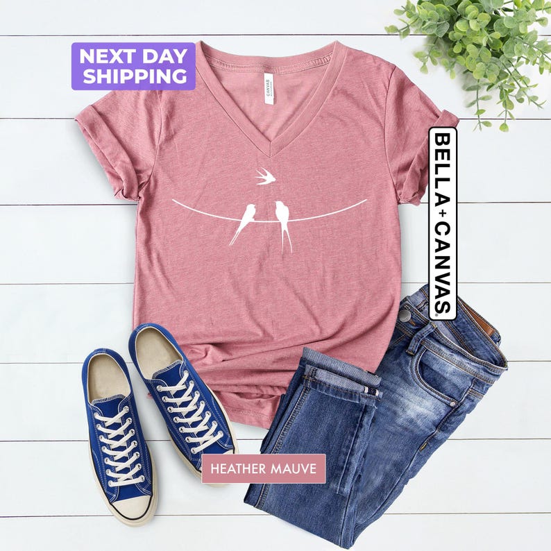 Bird V-Neck Shirt, Bird Lover Shirt, Birds On Wire Shirt, Gift For Bird Lover, Birds T-Shirt, Natural Lover Shirt, Gift For Mom, Woman Shirt image 4