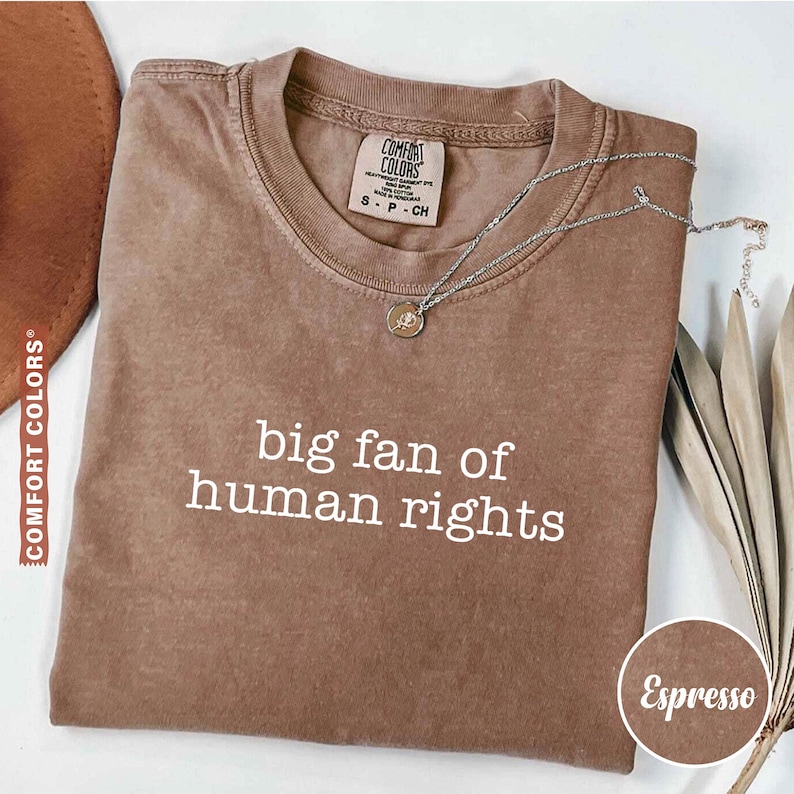 May include: Espresso-colored Comfort Colors t-shirt with the text "big fan of human rights" in white. A silver necklace with a pendant rests on the shirt. The shirt is folded and displayed with a brown hat and dried plant.