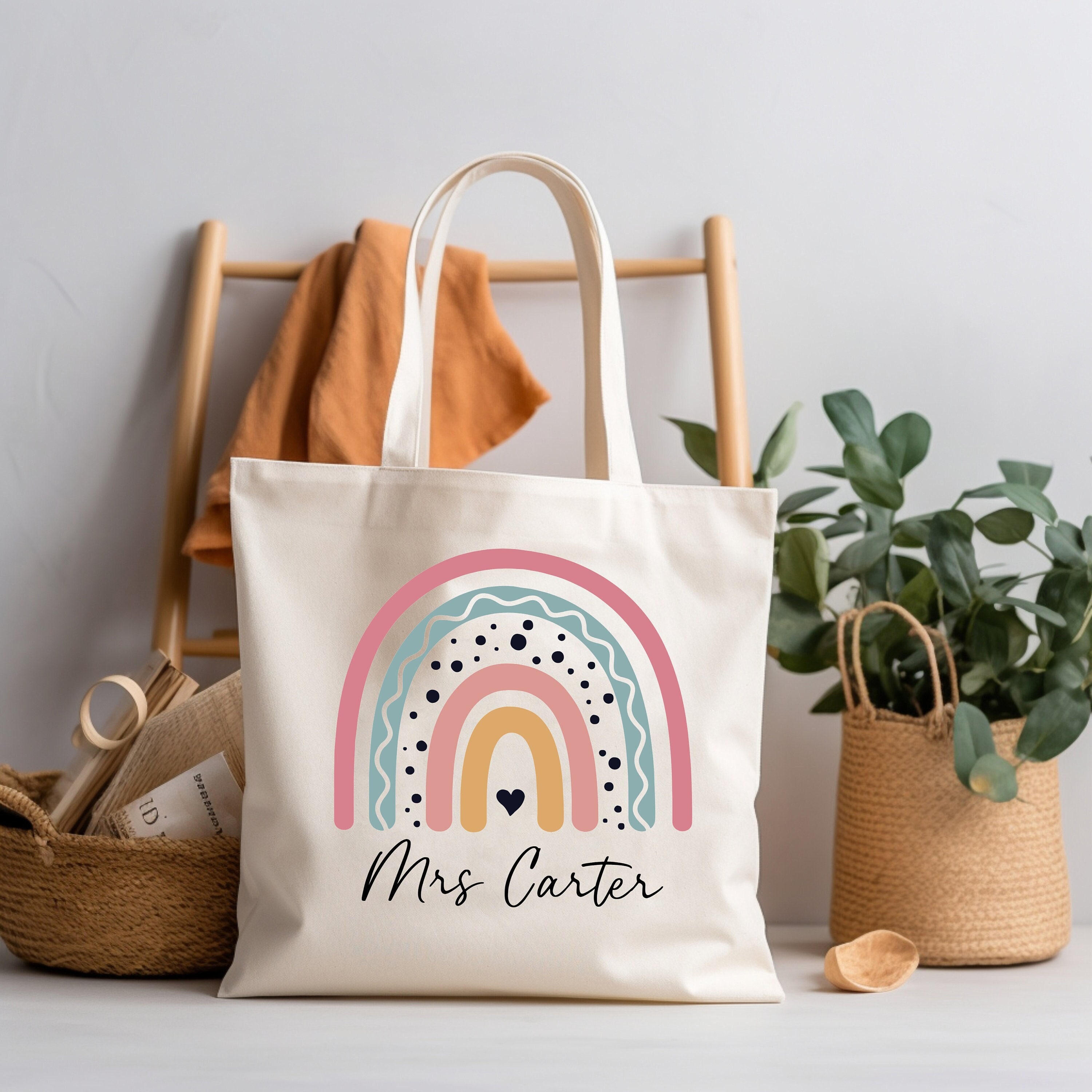 Personalized Teacher Bag Aesthetic, Custom Teacher Appreciation Tote Bag, Boho Tote Bag, Teacher Thank You Gift, Last Day of School Bag