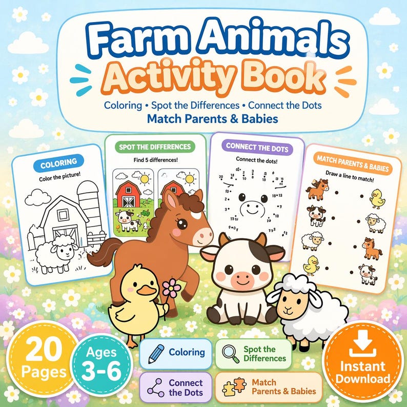 Farm Animals Activity Book for Kids – Coloring, Dot to Dot (ages 3-6 ...