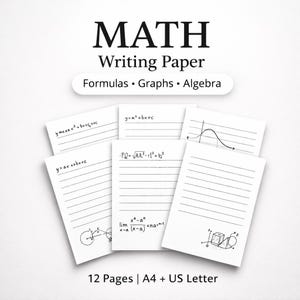 May include: White math writing paper with formulas, graphs, and algebra equations. The paper includes lined pages and mathematical diagrams. The text on the paper reads "MATH Writing Paper Formulas Graphs Algebra". The paper is available in A4 and US Letter sizes.