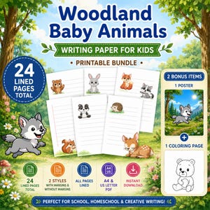 Può includere: Pacchetto di carta da scrittura stampabile per bambini con animali del bosco. Include 24 pagine a righe, due stili e elementi bonus. Perfetto per la scuola, l'homeschooling e la scrittura creativa. PDF A4 e US Letter.