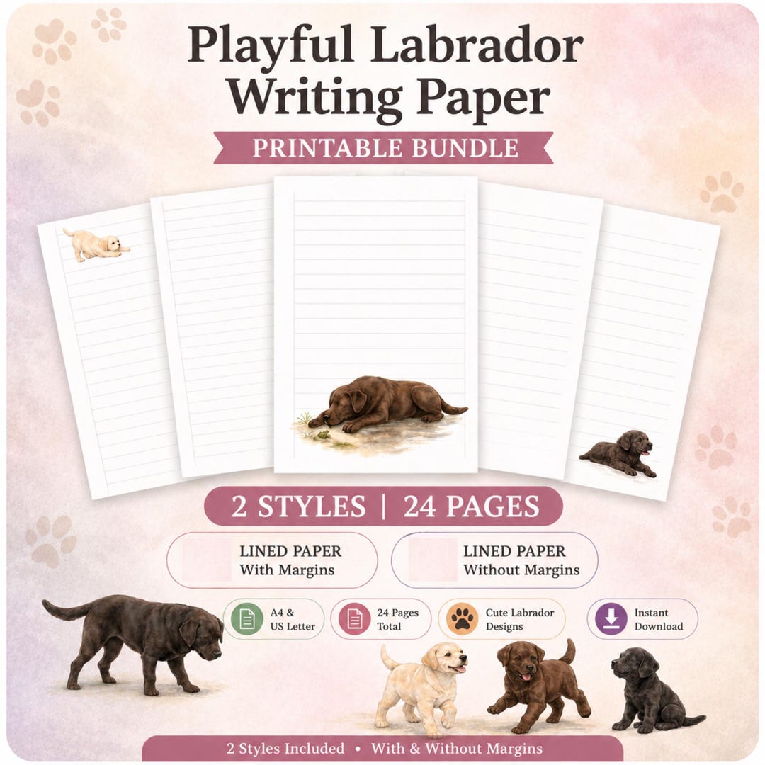 Playful Labrador Writing Paper for Kids, Dog Stationery Printable, 2 ...