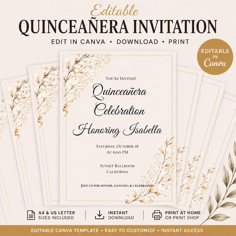 Editable Quinceaera Invitation Template, Minimalist Quinceanera Invite ...