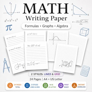 May include: Math writing paper with formulas, graphs, and algebra. Includes lined and grid styles, with 24 pages in A4 and US Letter sizes. Features mathematical equations and diagrams, with a calculator and compass illustration.