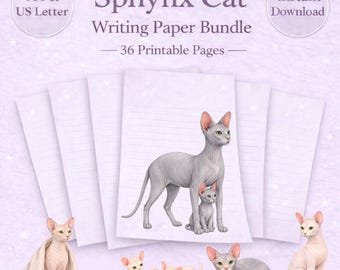 Sphynx Cat Writing Paper Bundle, 36 Pages Printable, A4 & US Letter, Cute Cat Stationery Set, Kitten and Mom Baby Pages