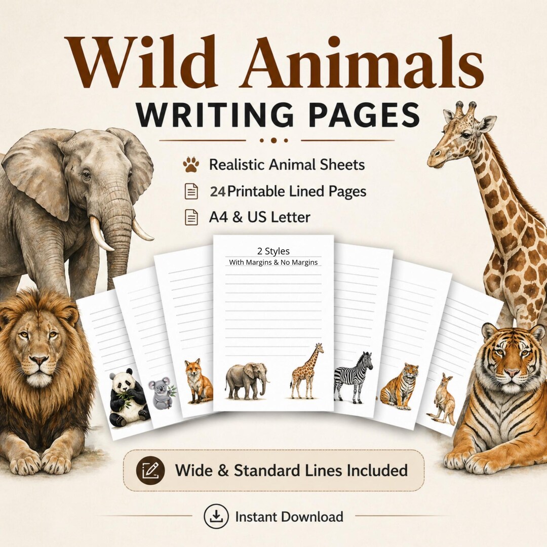 Wild Animals Writing Paper Printable, Realistic Animal Lined Stationery ...