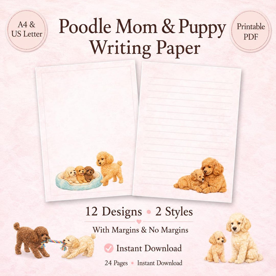 Poodle Mom and Puppy Writing Paper Printable, Cute Dog Stationery for ...