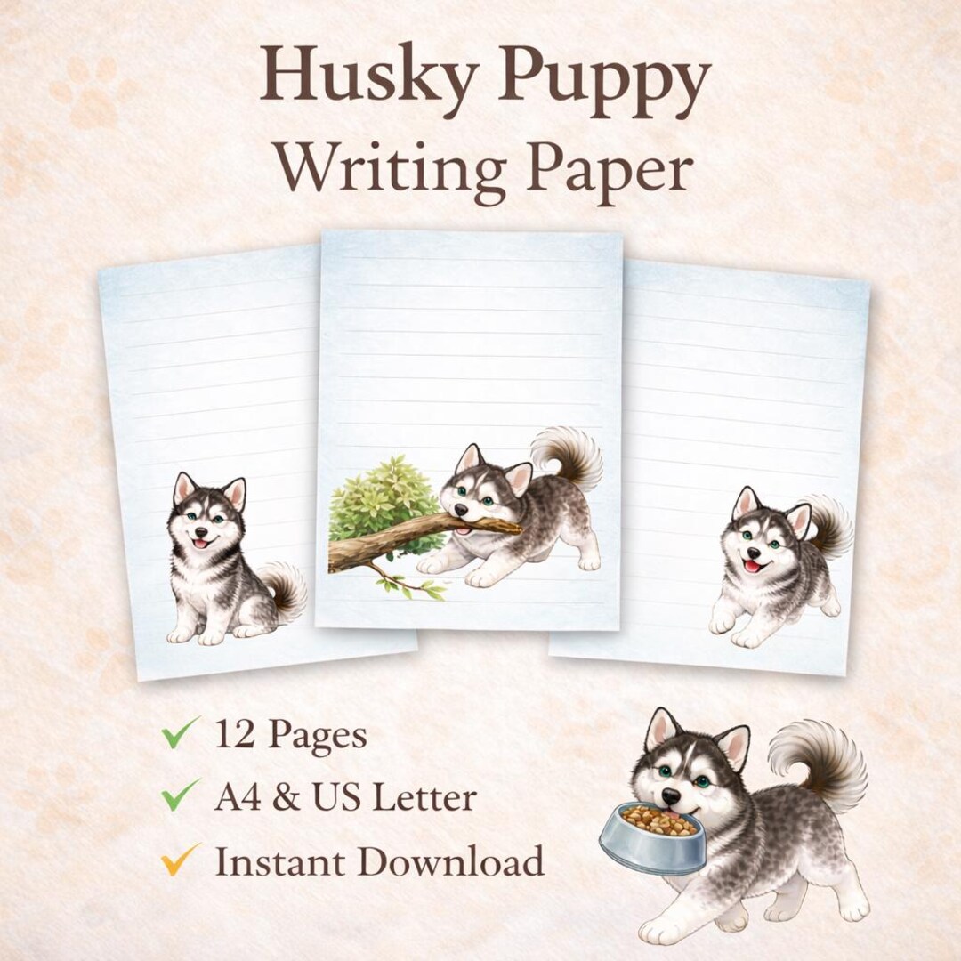 Husky Puppy Writing Paper, Kids Stationery Printable, Lined Paper PDF ...