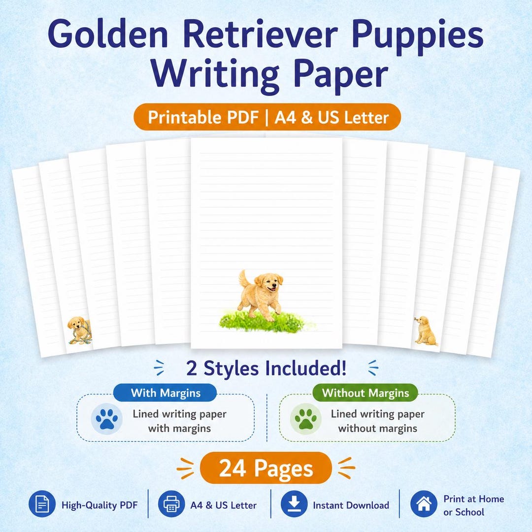Golden Retriever Puppy Writing Paper, Dog Stationery for Kids, 24 Pages ...