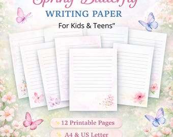 Carta da lettere stampabile con farfalle primaverili, carta a righe estetica per bambini e ragazzi, cancelleria floreale formato A4 US Letter, simpatiche pagine per scrivere a scuola