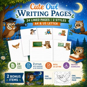 Può includere: Download digitale di "Cute Owl Writing Pages". L'immagine mostra disegni di carta a righe con illustrazioni di gufi, tra cui una lavagna e una mappa del mondo. Il prodotto offre 24 pagine a righe nei formati A4 e US Letter, con due stili e include elementi bonus.
