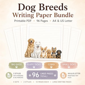 Può includere: Un pacchetto di carta da scrivere con illustrazioni di varie razze di cani. Il pacchetto include 96 pagine a righe nei formati A4 e US Letter, con opzioni per i margini. Il testo sull'immagine recita: "Dog Breeds Writing Paper Bundle".