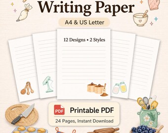 Afdrukbaar keukenpapier, papier met receptnotities, kookbenodigdheden, gelinieerd papier, 12 ontwerpen, 2 stijlen, A4 US Letter pdf