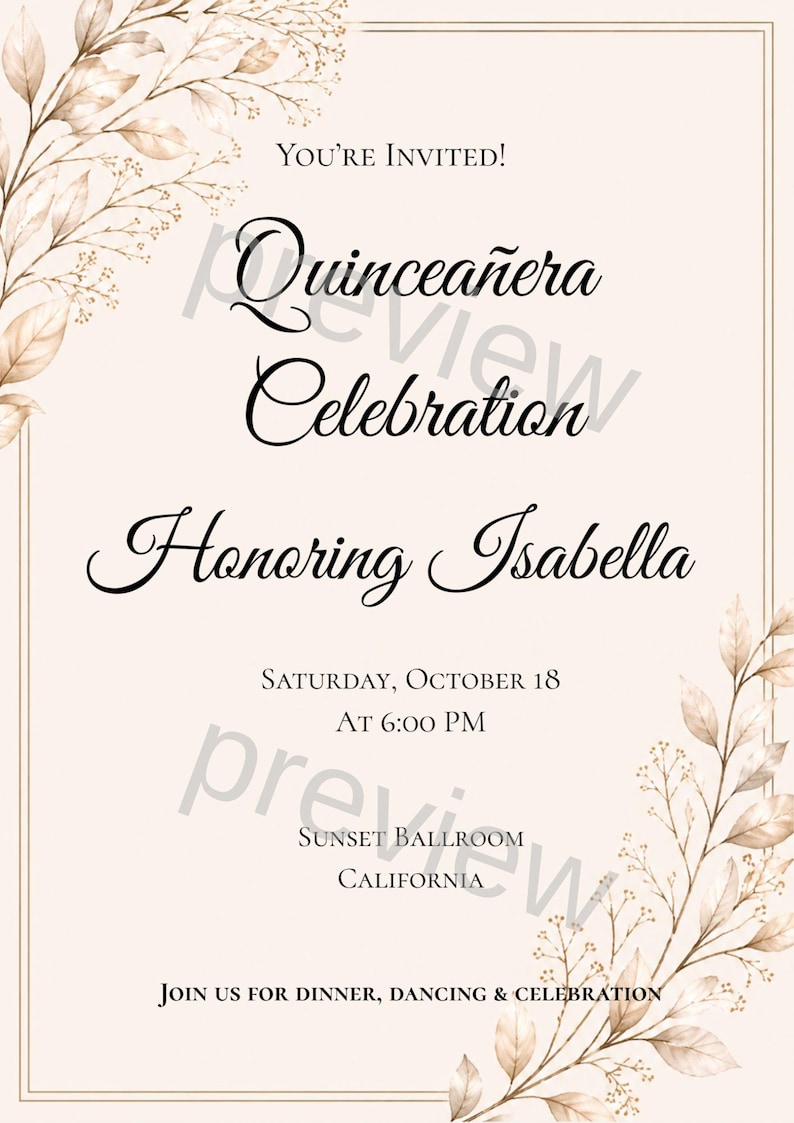 Editable Quinceaera Invitation Template, Minimalist Quinceanera Invite ...