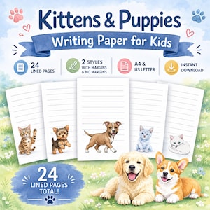 Può includere: Carta da scrivere per bambini con gattini e cuccioli. Il design include pagine a righe con illustrazioni di vari gatti e cani. Il testo recita "Kittens & Puppies Writing Paper for Kids" e "24 Lined Pages Total!"