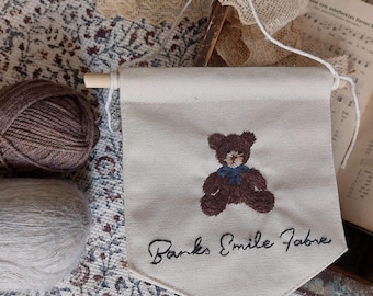 Personalized Teddy Bear Nursery Banner – Hand Embroidered Cotton Wall Hanging