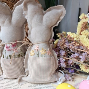 Embroidery Easter bunny decoration Farmhouse Bunny Nursery decoration Hand Embroidery Ornaments Yellow Flower