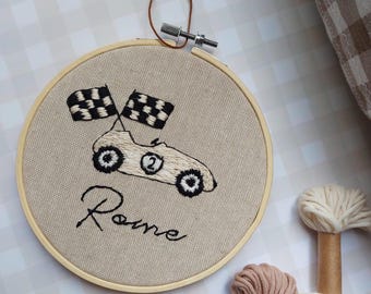 Personalized Racing Car Embroidery Hoop: Custom Nursery Wall Art