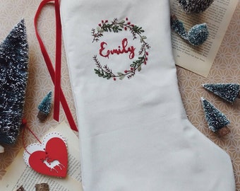 Personalized Family Christmas Santa stocking, Custom name Christmas stocking, Linen hand embroidered stocking, Kids Christmas stocking