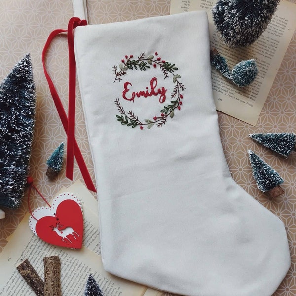 Personalized Family Christmas Santa stocking, Custom name Christmas stocking, Linen hand embroidered stocking, Kids Christmas stocking