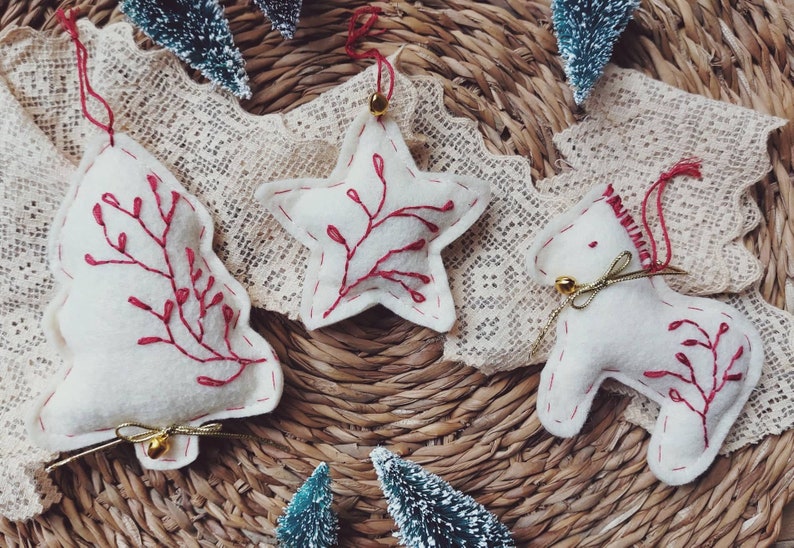 Felt Christmas ornament, tree ornaments, Scandinavian ornaments, embroidery felt ornaments, Nordic Christmas navy red décor felt ornament image 2