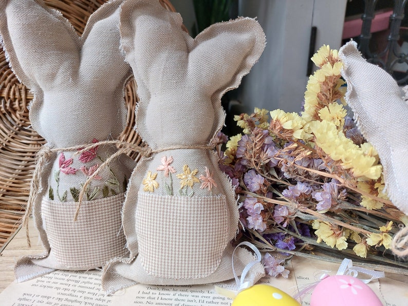 Embroidery Easter bunny decoration Farmhouse Bunny Nursery decoration Hand Embroidery Ornaments Yellow Flower