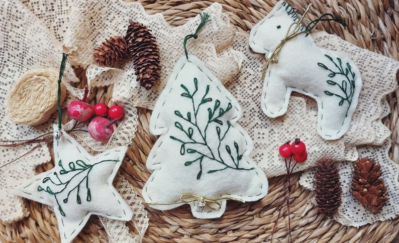 Felt Christmas ornament, tree ornaments, Scandinavian ornaments, embroidery felt ornaments, Nordic Christmas navy red décor felt ornament image 1