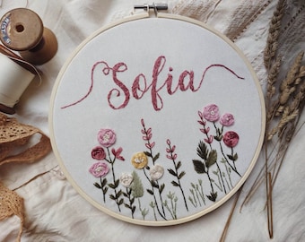 Personalised Floral Embroidery Hoop – Custom Name Hoop Art, Hand ...