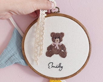Custom Baby Name Embroidery Hoop – Handmade Teddy Bear Nursery Decor