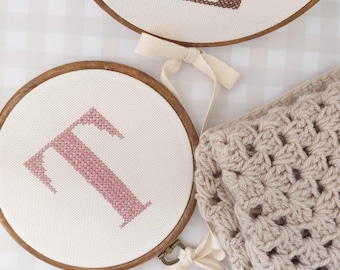 Personalized Cross Stitch Letter Hoop – Custom Embroidery Nursery Decor