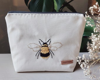 Hand embroidered Bee make up bag | Bee design | Cosmetic bag | make up bag | Toiletry bag | Embroidered bag