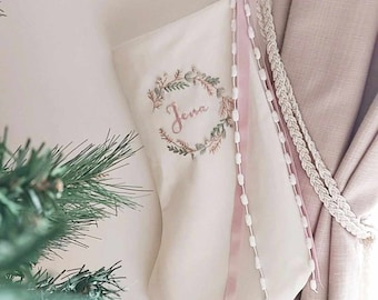 Personalized Pink Christmas Stocking, Embroidered Wreath, Family Stocking