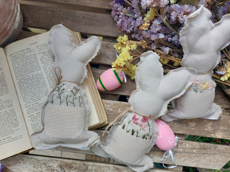 Embroidery Easter bunny decoration Farmhouse Bunny Nursery decoration Hand Embroidery Ornaments image 3